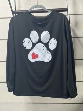 Black Long-Sleeve Tee with White Paw Graphic and Red Heart